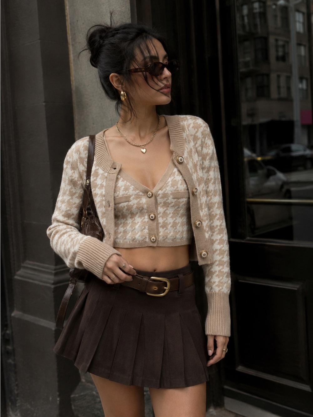 Preppy Houndstooth Cropped Cardigan & Cami Set Y2K Collegiate Small